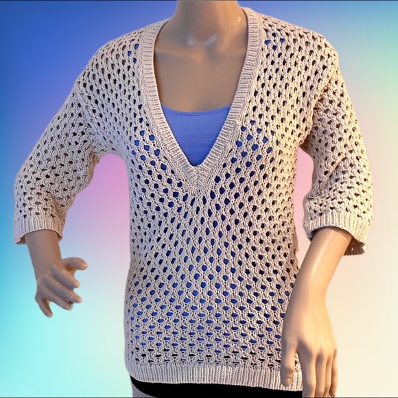 Beige Crochet V-Neck Sweater 3/4 Sleeves Beachwear Resort Layer Coastal Grandma - Picture 11 of 11